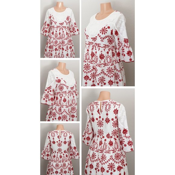 White Red Eyelet Embroidery 100% Cotton Cute Dress - Picture 3 of 10